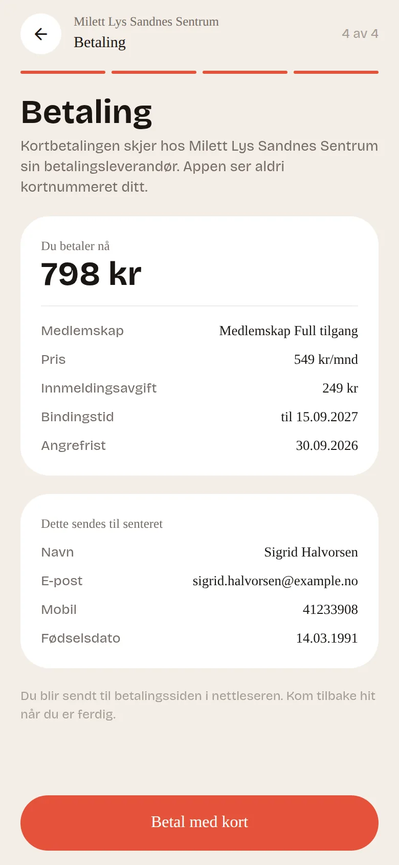 Betalingssteget ved innmelding i appen, med pris, bindingstid og angrefrist