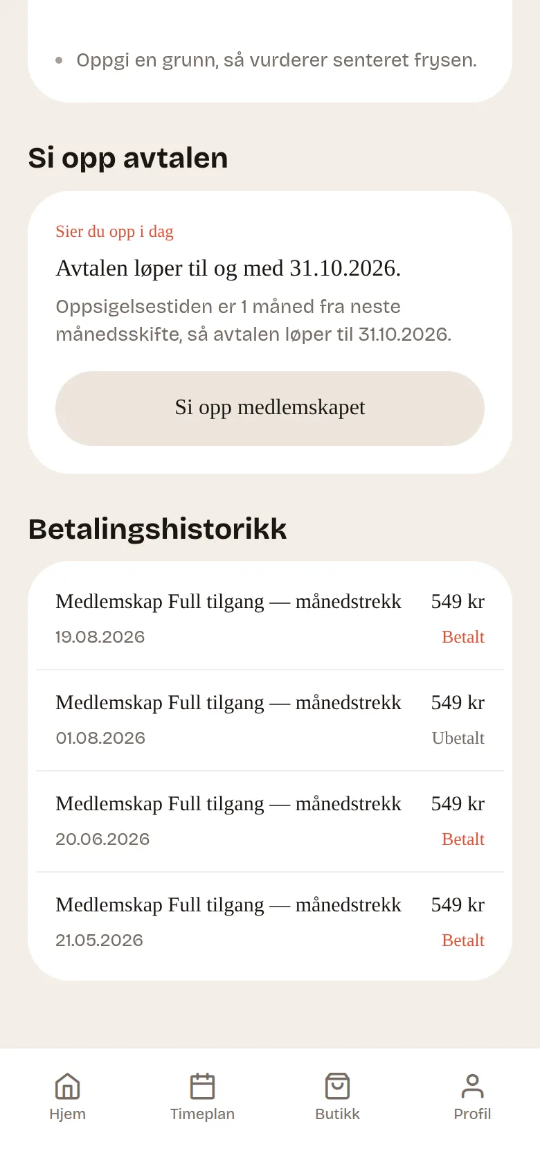 Betalingshistorikken i appen, med klippekort under